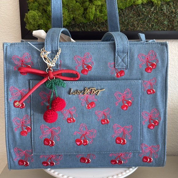 Betsey Johnson Handbags - Betsey Johnson Blue Denim Tote with Red Cherry Embroidery